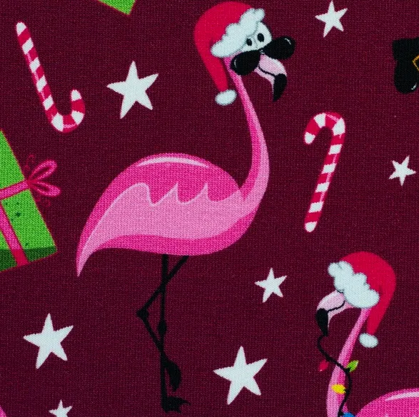 French terry roos paars met flamingo's en kerstfiguren